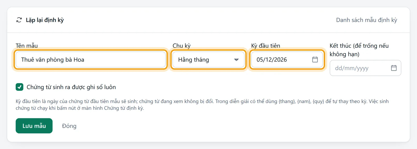 Khung lưu mẫu đã điền tên Thuê văn phòng bà Hoa, chu kỳ Hằng tháng, kỳ đầu 05/12/2026