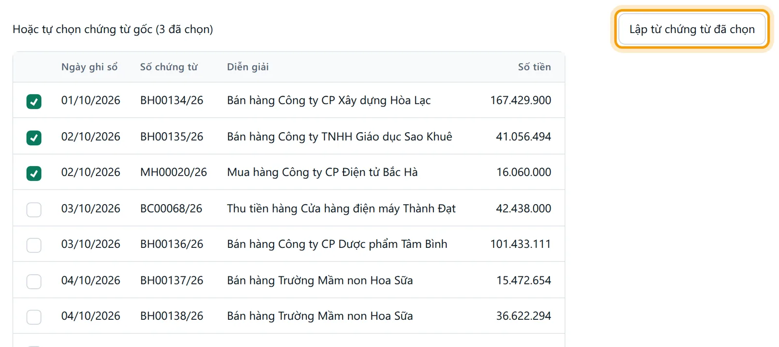 Ba dòng chứng từ gốc được tích chọn, nút Lập từ chứng từ đã chọn được viền vàng
