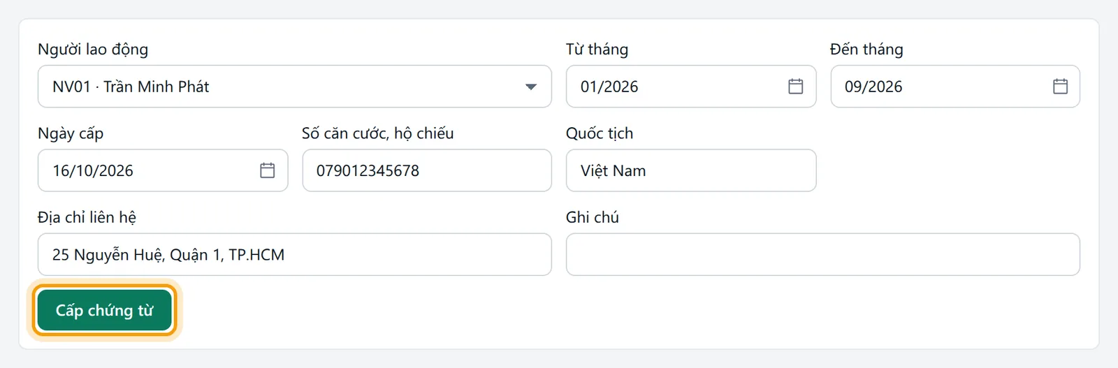 Người lao động NV01, từ tháng 01/2026 đến tháng 09/2026, ngày cấp 16/10/2026 và nút Cấp chứng từ