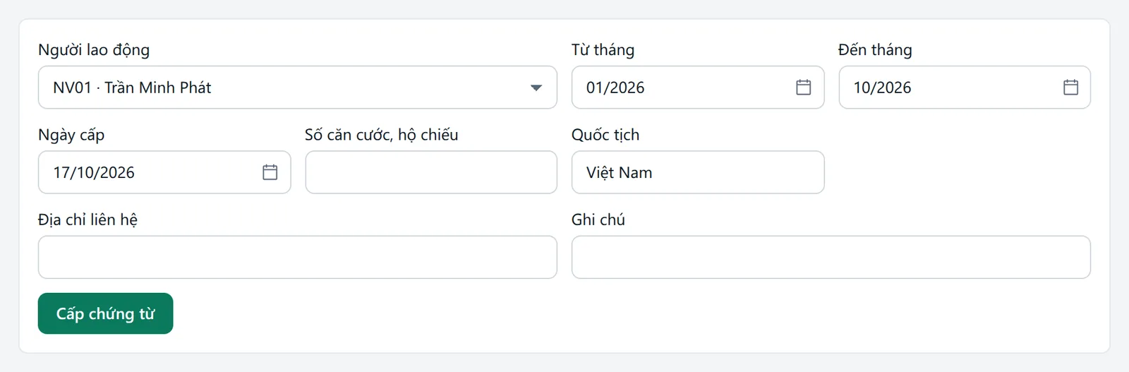 Form cấp chứng từ: người lao động, từ tháng, đến tháng, ngày cấp, số căn cước, quốc tịch, địa chỉ, ghi chú