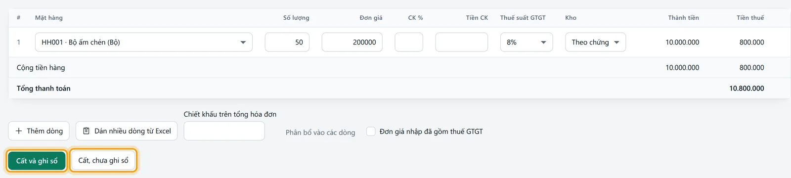 Hai nút Cất và ghi sổ, Cất, chưa ghi sổ dưới lưới dòng hàng