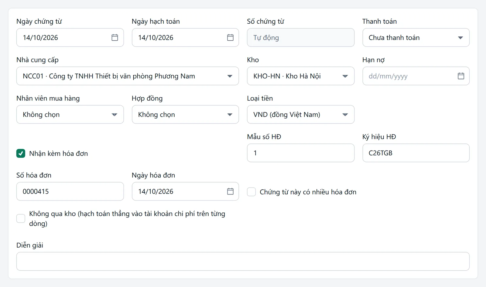 Phần đầu chứng từ mua hàng đã nhập ngày 14/10/2026, nhà cung cấp, hóa đơn