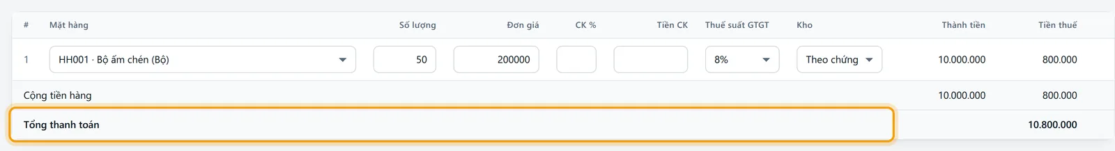 Chứng từ mua 50 bộ ấm chén, đơn giá 200.000, thuế 8%, tổng thanh toán 10.800.000