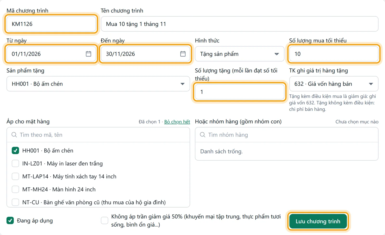 Chương trình KM1126 từ 01/11/2026 đến 30/11/2026, tặng sản phẩm, mua tối thiểu 10 tặng 1 bộ ấm chén, áp cho Bộ ấm chén