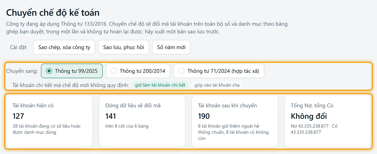 Màn Chuyển chế độ kế toán: dòng chọn chế độ đích Chuyển sang và bốn ô thống kê được viền vàng