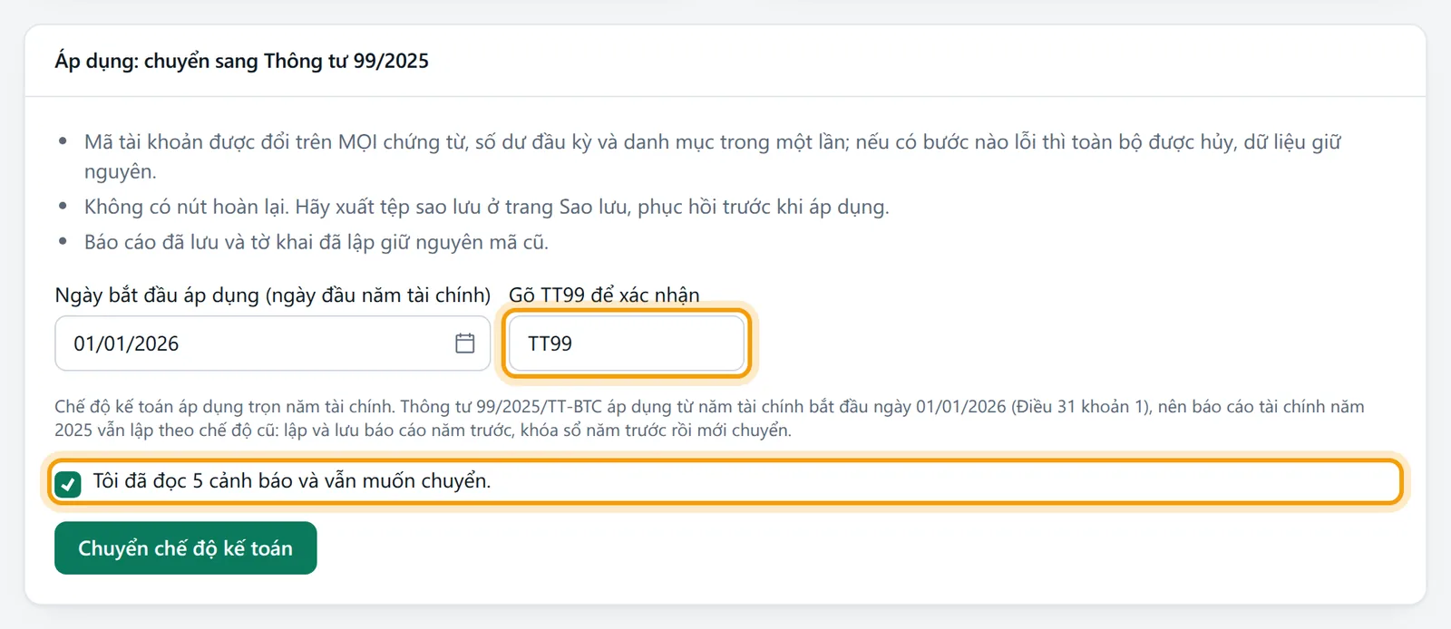 Khung Áp dụng: Ngày bắt đầu áp dụng 01/01/2026, ô gõ TT99 để xác nhận và ô tích đã đọc cảnh báo