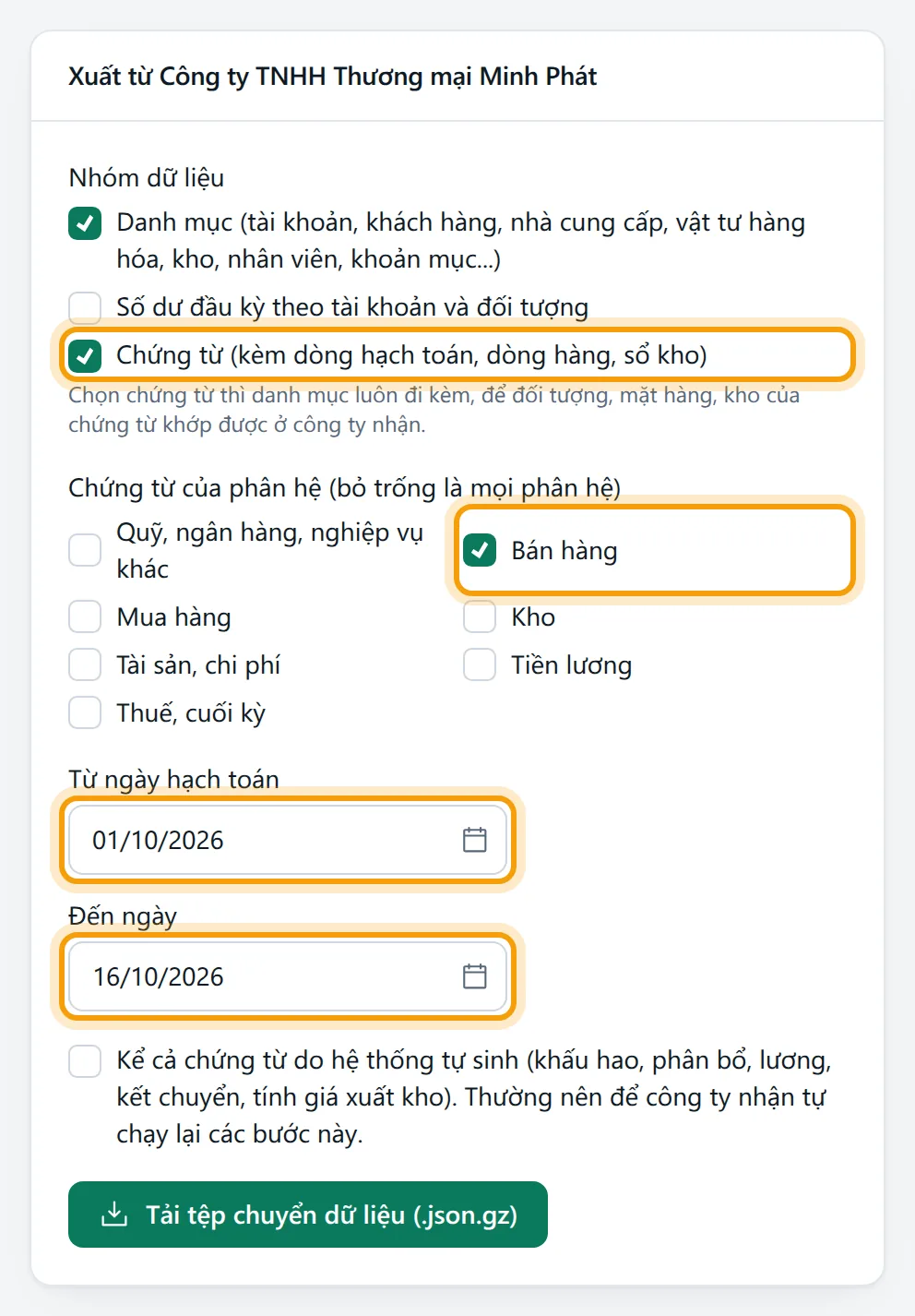 Khung Xuất từ đã tích Chứng từ, Bán hàng và đặt khoảng ngày từ 01/10/2026 đến 16/10/2026