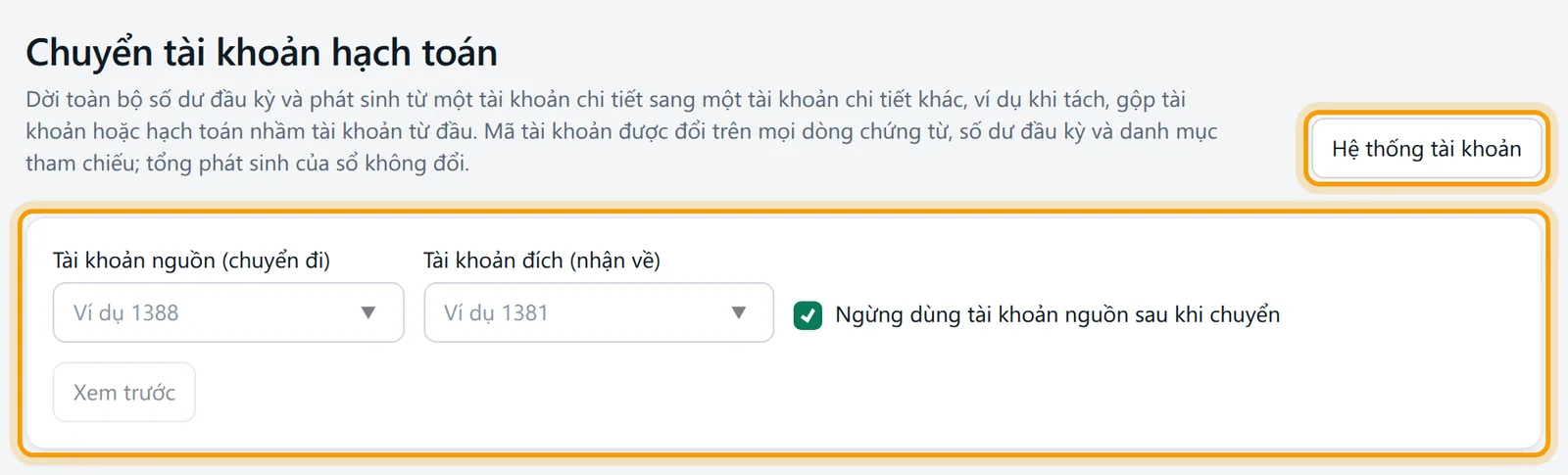 Màn Chuyển tài khoản hạch toán: nút quay lại Hệ thống tài khoản và form có ô tài khoản nguồn, tài khoản đích, nút Xem trước
