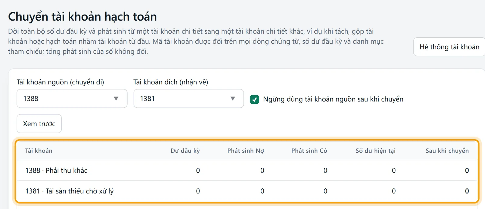 Sau khi bấm Xem trước hiện bảng số liệu hai tài khoản 1388 và 1381 và nơi dùng tài khoản nguồn
