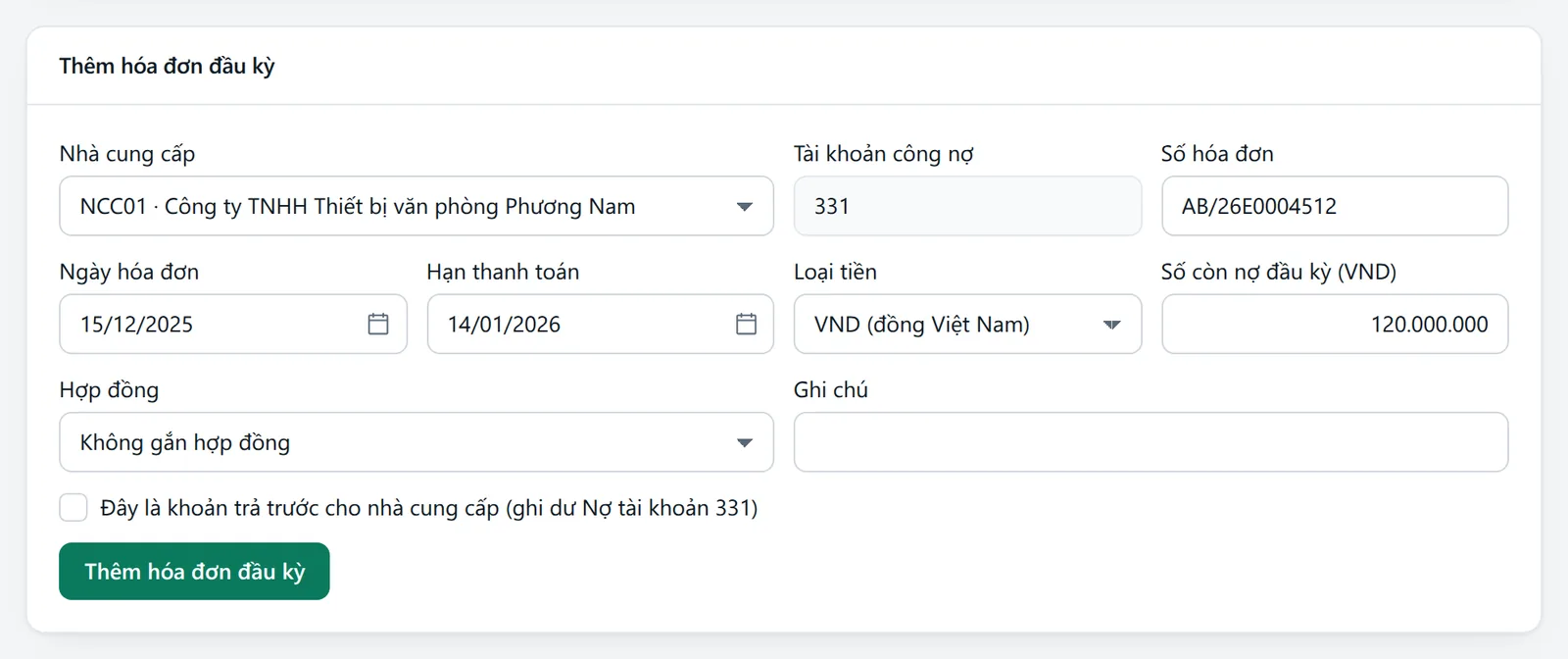 Màn Phải trả 331: form Thêm hóa đơn đầu kỳ cho nhà cung cấp, hóa đơn AB/26E0004512, còn nợ 120.000.000