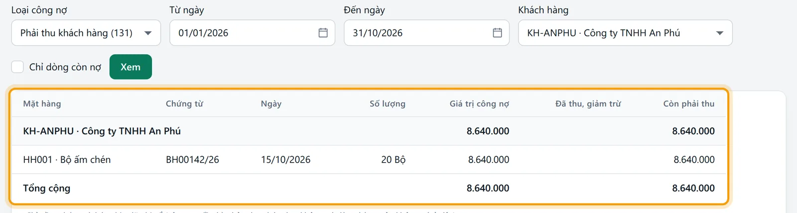 Các ô đã điền ví dụ và bảng kết quả: công nợ phải thu theo mặt hàng đến 31/10/2026