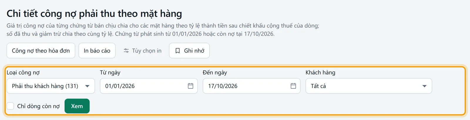 Màn Chi tiết công nợ phải thu theo mặt hàng: tiêu đề và khối kết quả chính được viền vàng