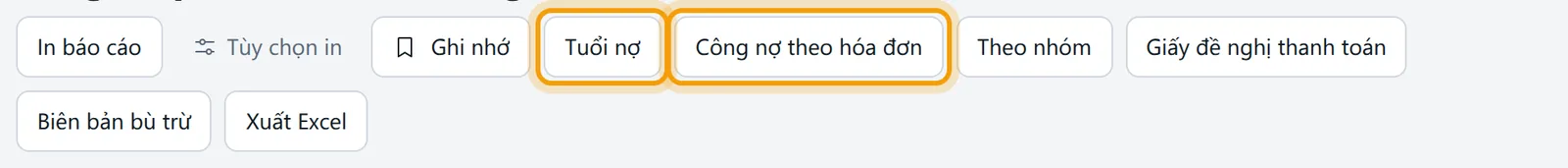 Nút Tuổi nợ và Công nợ theo hóa đơn ở đầu trang để đối chiếu với bảng công nợ tổng hợp