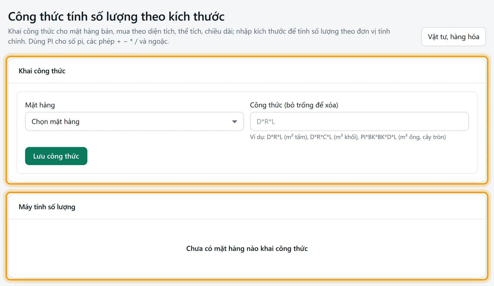 Màn Công thức số lượng với khối Khai công thức, Máy tính số lượng và danh sách mặt hàng có công thức