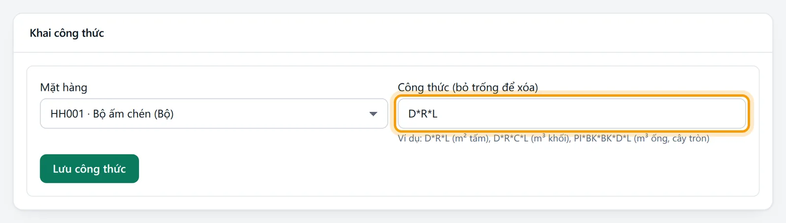 Khối Khai công thức đã chọn mặt hàng Bộ ấm chén và công thức D*R*L