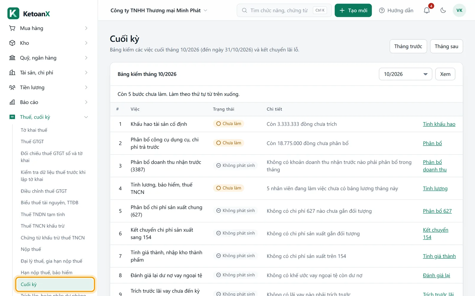 Menu bên trái, mục Cuối kỳ viền vàng