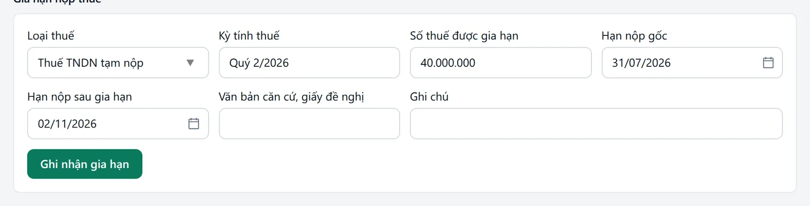 Form Gia hạn nộp thuế đã nhập loại thuế, kỳ tính thuế, số thuế được gia hạn 40.000.000