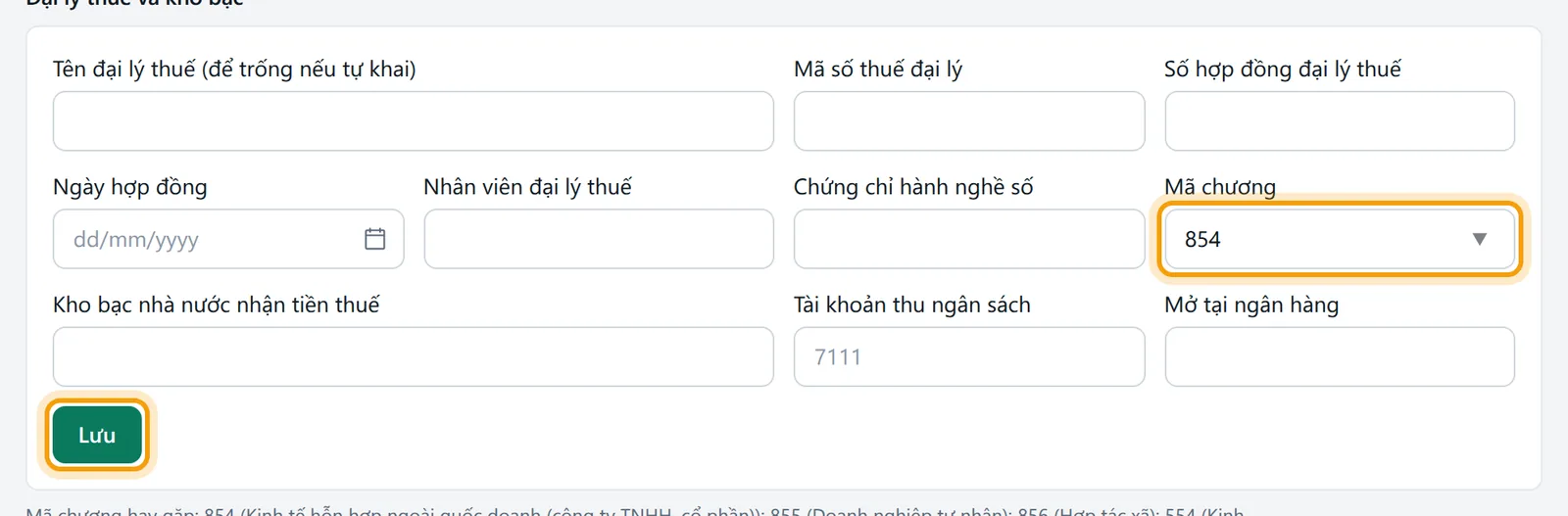 Mã chương 854 và các ô kho bạc nhà nước, tài khoản thu ngân sách, nút Lưu