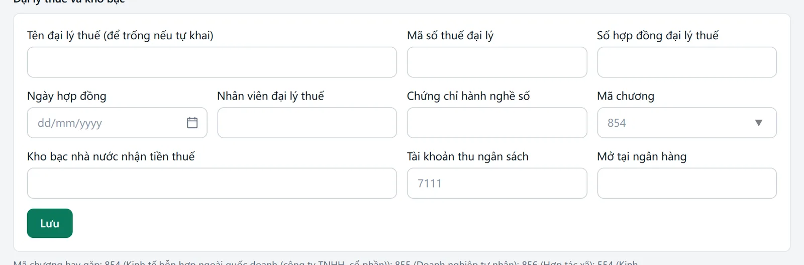Form Đại lý thuế và kho bạc với tên đại lý, mã chương, kho bạc nhà nước, tài khoản thu ngân sách