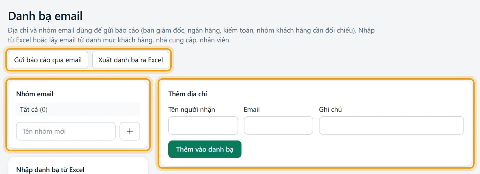 Màn Danh bạ email: hai nút ở đầu trang, ba khung bên trái và biểu mẫu thêm địa chỉ bên phải