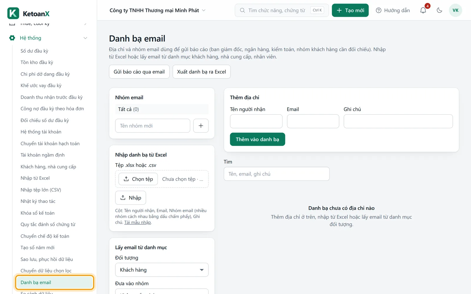Menu bên trái mở nhóm Hệ thống, mục Danh bạ email được viền vàng