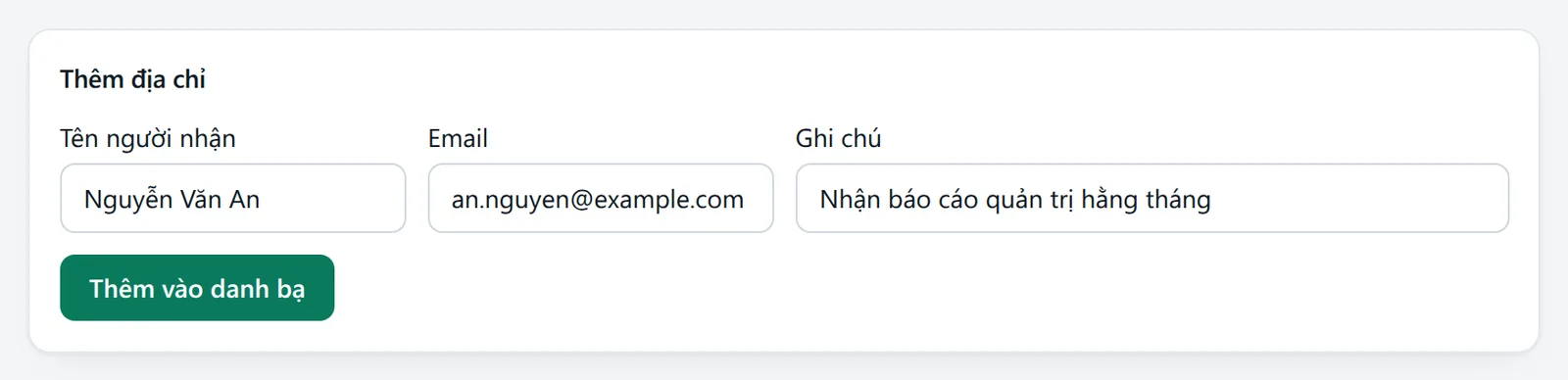 Biểu mẫu Thêm địa chỉ đã nhập tên Nguyễn Văn An, email an.nguyen@example.com và ghi chú