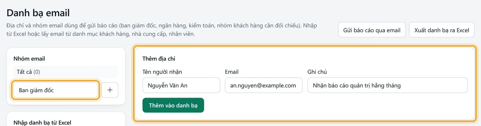 Ô Tên nhóm mới gõ Ban giám đốc ở khung Nhóm email và biểu mẫu Thêm địa chỉ đã nhập người nhận