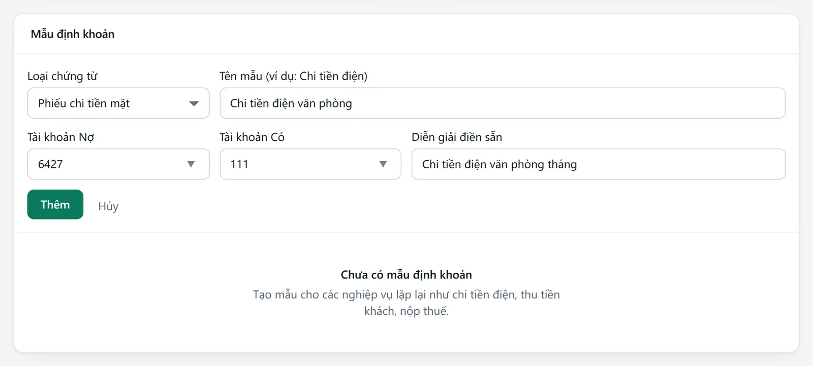 Khung Mẫu định khoản đã mở biểu mẫu: Loại chứng từ Phiếu chi tiền mặt, tên mẫu, tài khoản Nợ 6427, tài khoản Có 111 và diễn giải