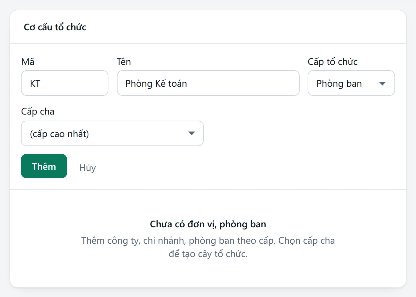 Khung Cơ cấu tổ chức đã mở biểu mẫu nhập mã KT, tên Phòng Kế toán, cấp tổ chức Phòng ban