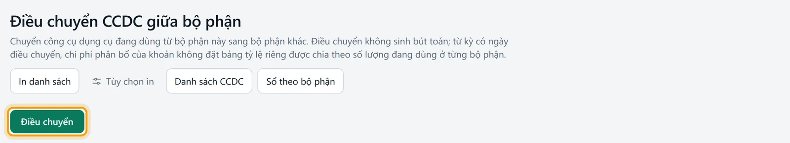 Màn Điều chuyển CCDC giữa bộ phận với nút Điều chuyển và bộ lọc lịch sử