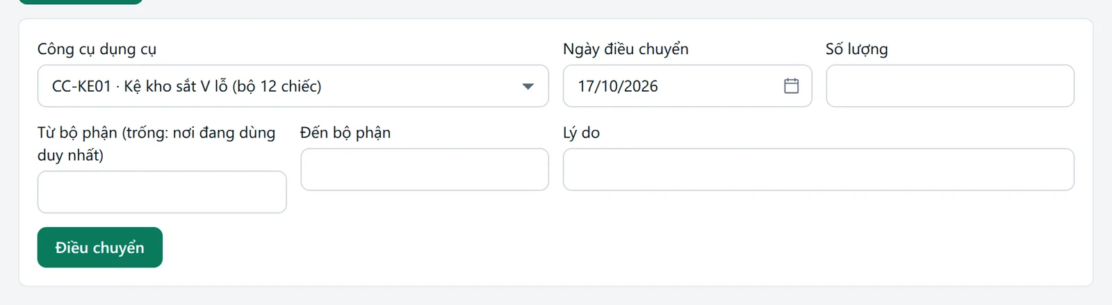 Form điều chuyển với công cụ dụng cụ, ngày, số lượng, từ bộ phận, đến bộ phận, lý do