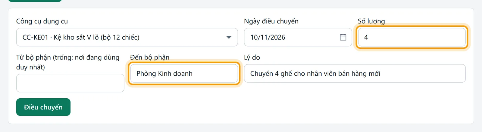 Form điều chuyển đã điền ngày 10/11/2026, số lượng 4 và đến Phòng Kinh doanh