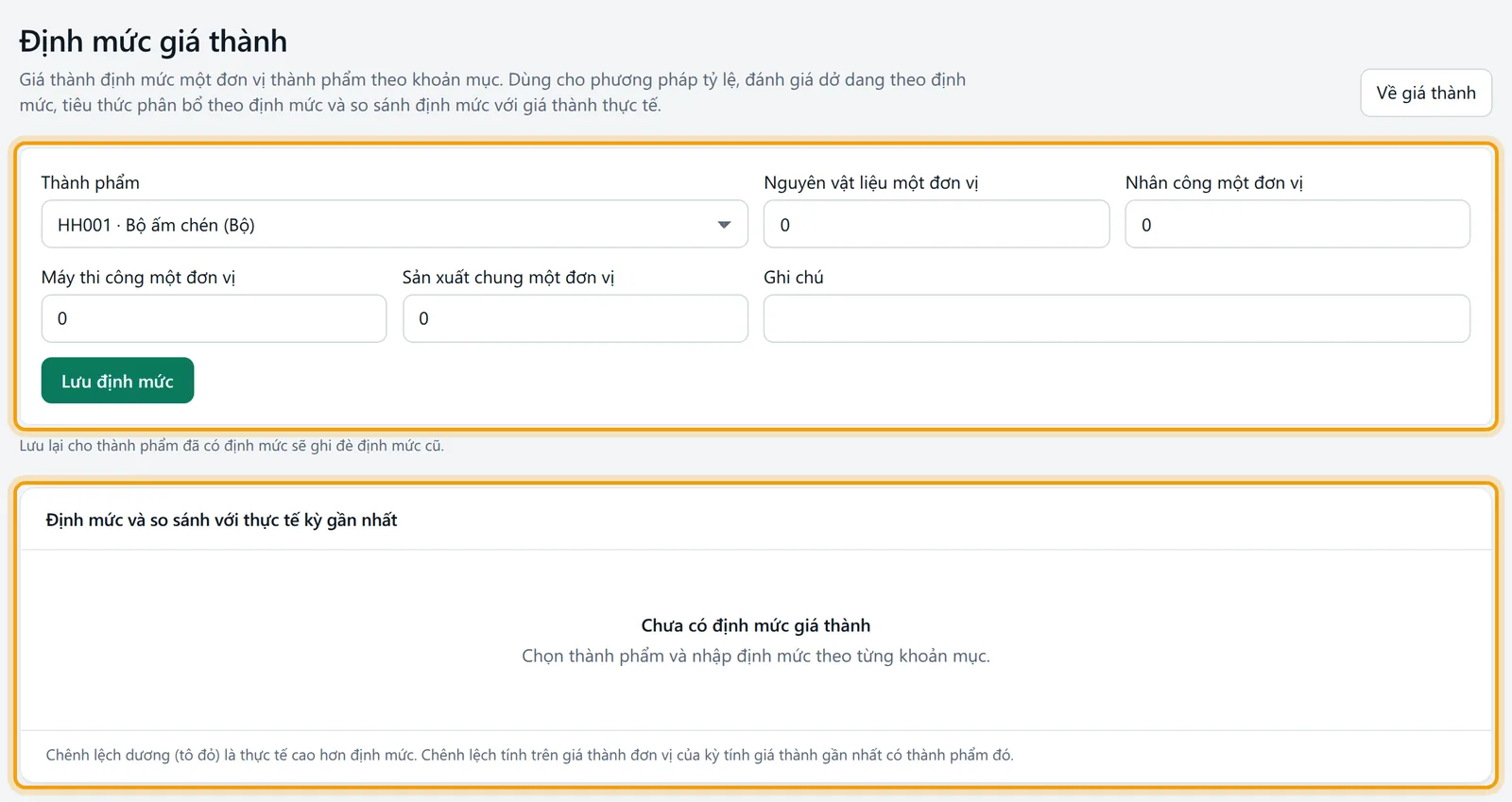 Màn Định mức giá thành với form khai định mức và khung so sánh định mức với thực tế