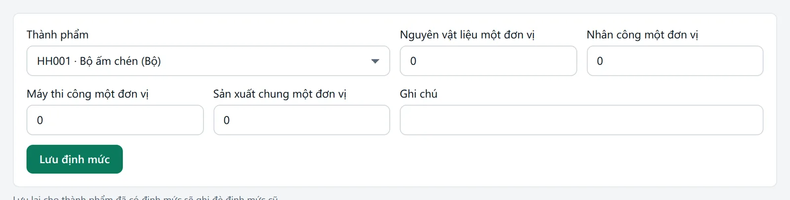 Form định mức với thành phẩm, nguyên vật liệu, nhân công, máy thi công, sản xuất chung một đơn vị