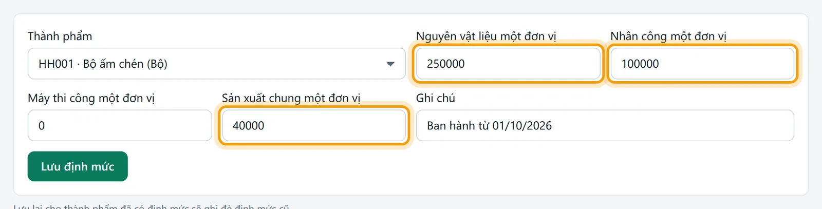Form định mức đã điền nguyên vật liệu 250000, nhân công 100000, sản xuất chung 40000