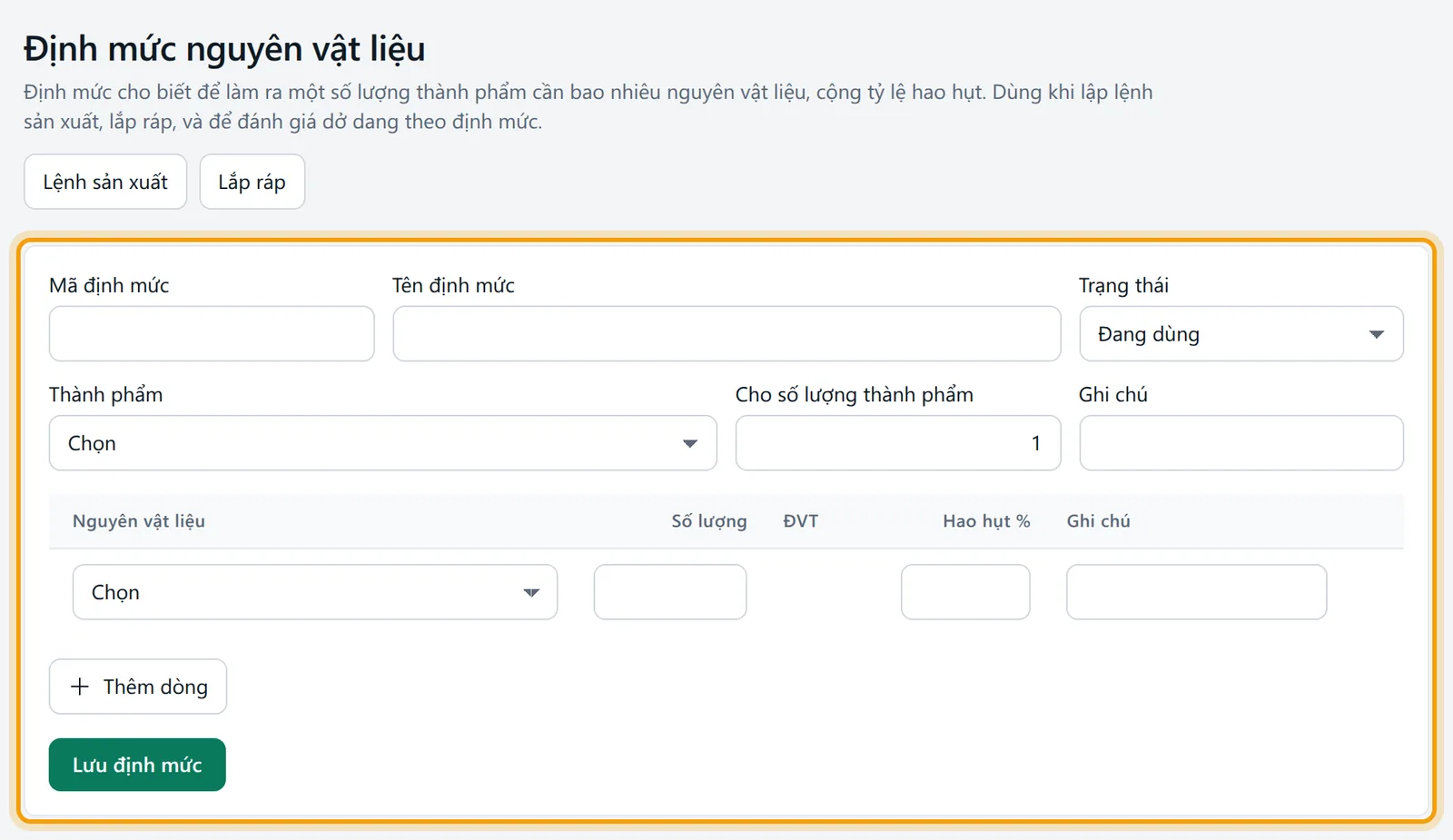 Màn Định mức nguyên vật liệu với biểu mẫu khai định mức và bảng nguyên vật liệu