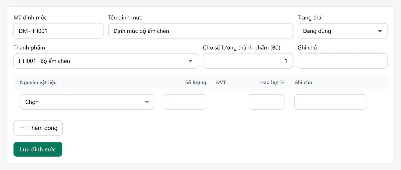 Biểu mẫu định mức đã nhập mã DM-HH001, tên định mức, thành phẩm Bộ ấm chén