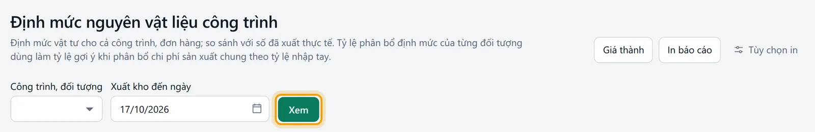 Màn báo cáo với bộ lọc khoảng ngày và nút xem được viền vàng
