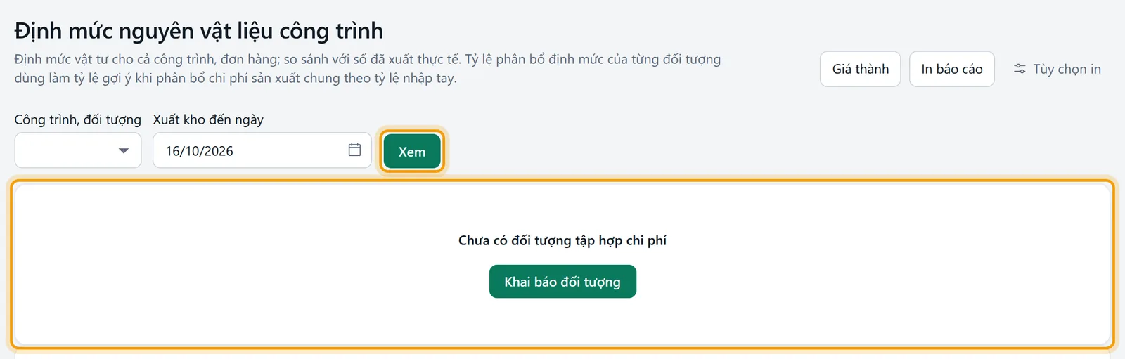Bộ lọc đã đặt ngày, nút xem được viền vàng
