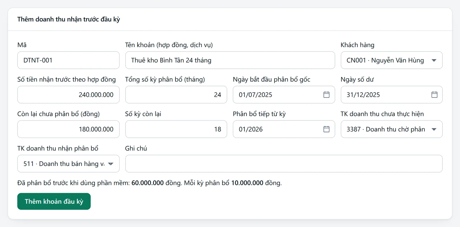 Biểu mẫu Thêm doanh thu nhận trước đầu kỳ đã điền mã DTNT-001, số tiền 240.000.000, 24 kỳ, còn lại 180.000.000, 18 kỳ