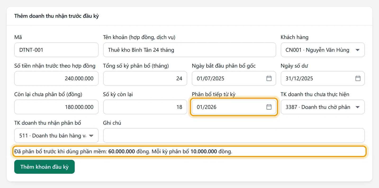 Ô Phân bổ tiếp từ kỳ hiện 01/2026 và câu tính sẵn số đã phân bổ trước, mức phân bổ mỗi kỳ dưới các ô số dư