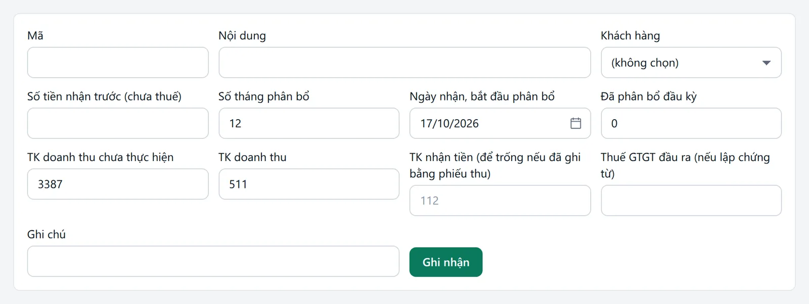 Form ghi nhận doanh thu nhận trước với mã, nội dung, khách hàng, số tiền, số tháng, tài khoản