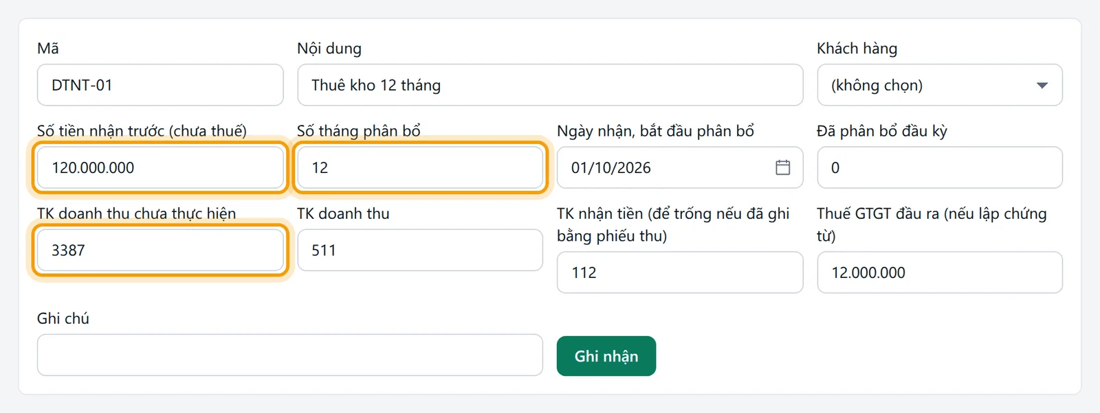 Form ghi nhận đã điền DTNT-01, 120.000.000 đồng, 12 tháng, ngày 01/10/2026, tài khoản 3387 và 112