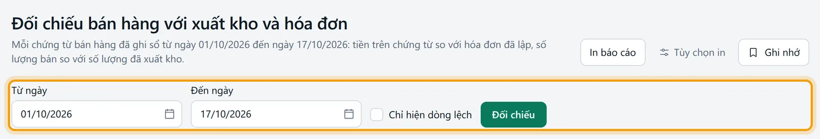 Màn Đối chiếu bán hàng với xuất kho và hóa đơn: tiêu đề và khối kết quả chính được viền vàng