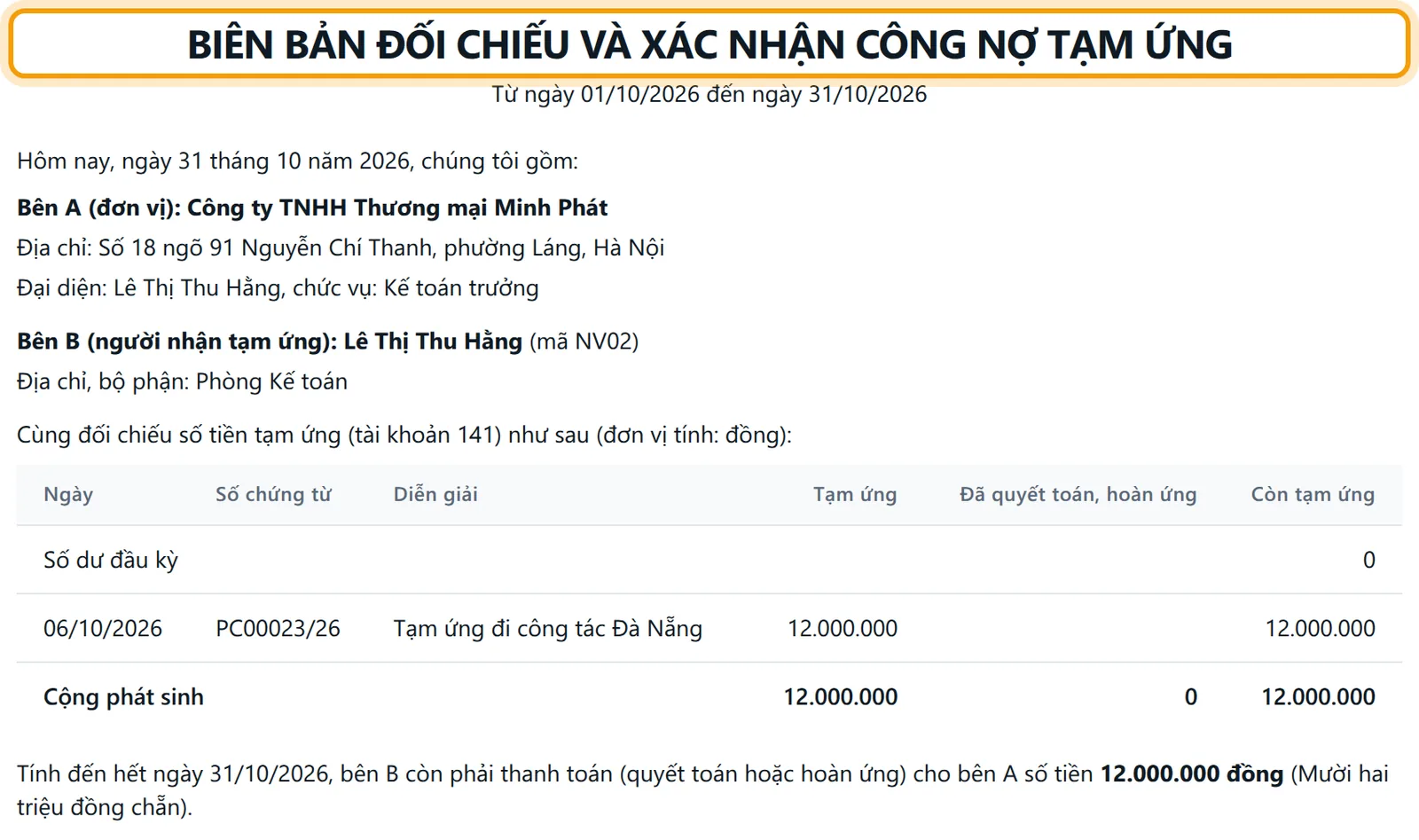 Biên bản đối chiếu và xác nhận công nợ tạm ứng của Lê Thị Thu Hằng với bảng số liệu và câu kết luận