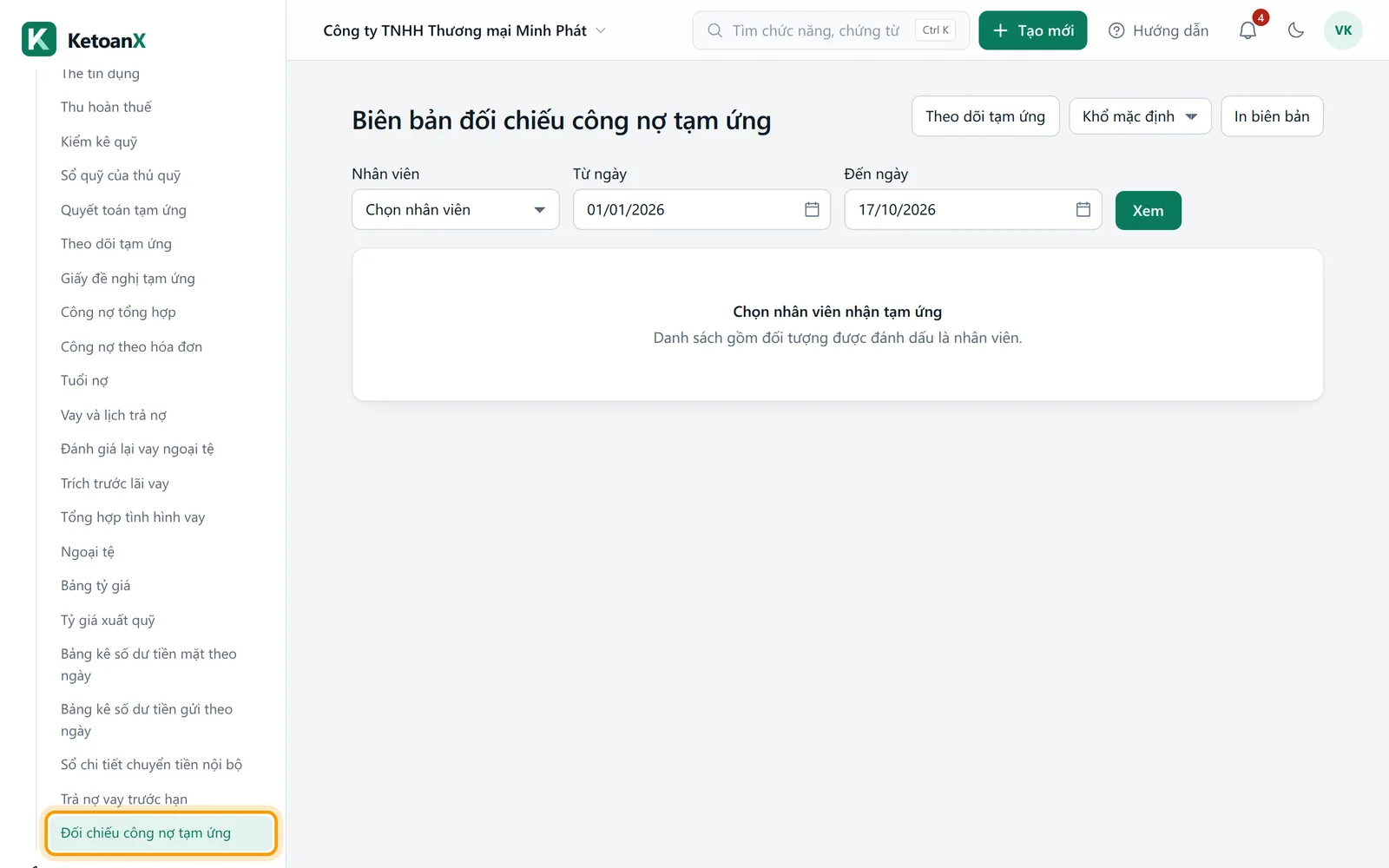 Menu bên trái, mục Đối chiếu công nợ tạm ứng trong nhóm Quỹ, ngân hàng được viền vàng