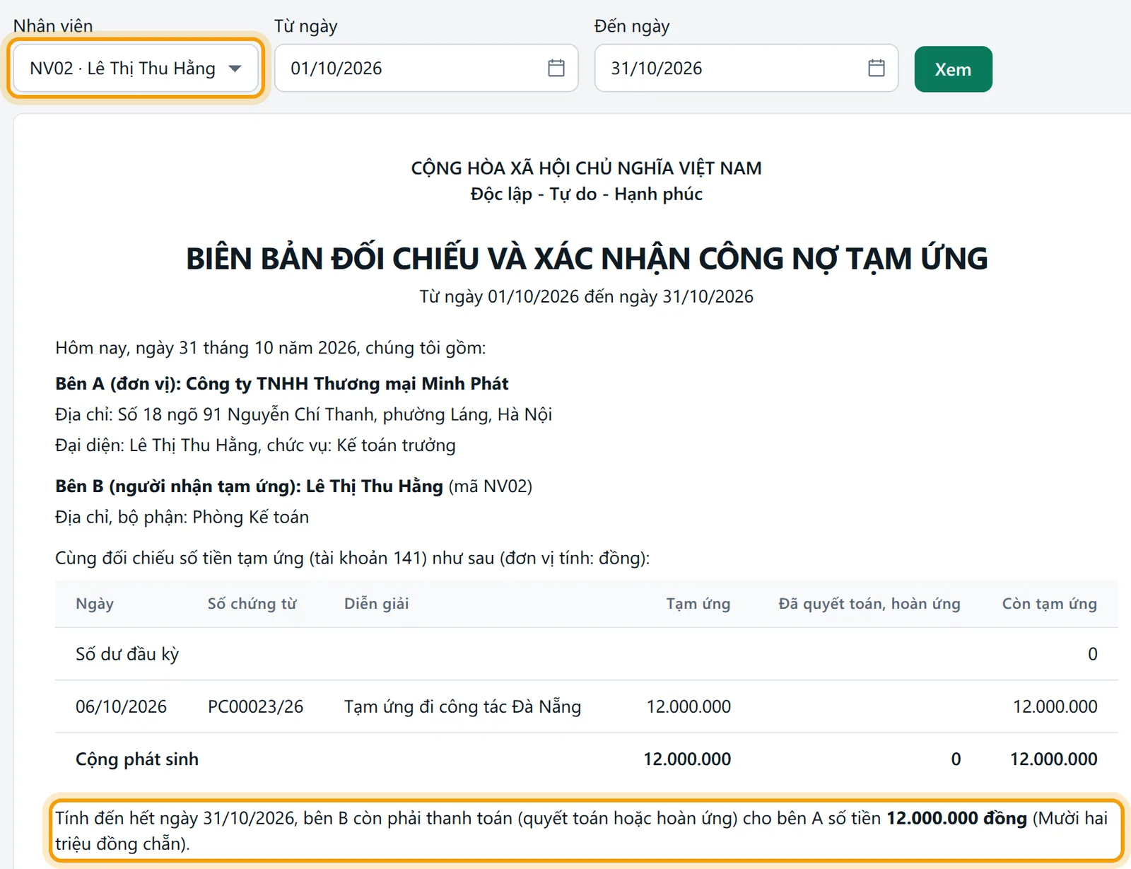 Chọn NV02 Lê Thị Thu Hằng, Từ ngày 01/10/2026, Đến ngày 31/10/2026 và biên bản hiện kết luận còn 12.000.000