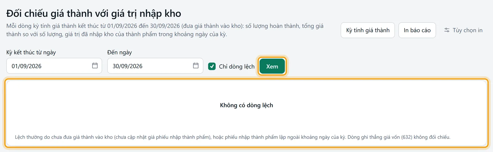 Bộ lọc đã đặt ngày, nút xem được viền vàng