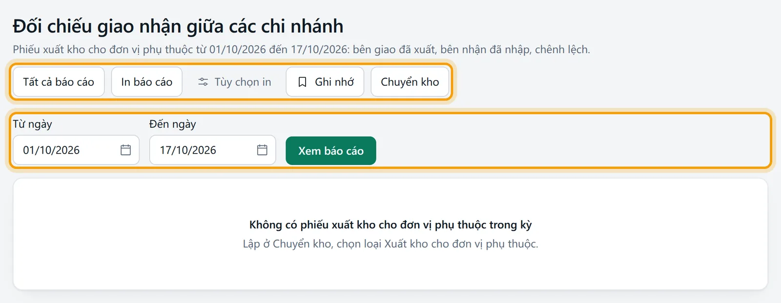 Màn Đối chiếu giao nhận giữa các chi nhánh với hàng nút, bộ lọc ngày và vùng kết quả