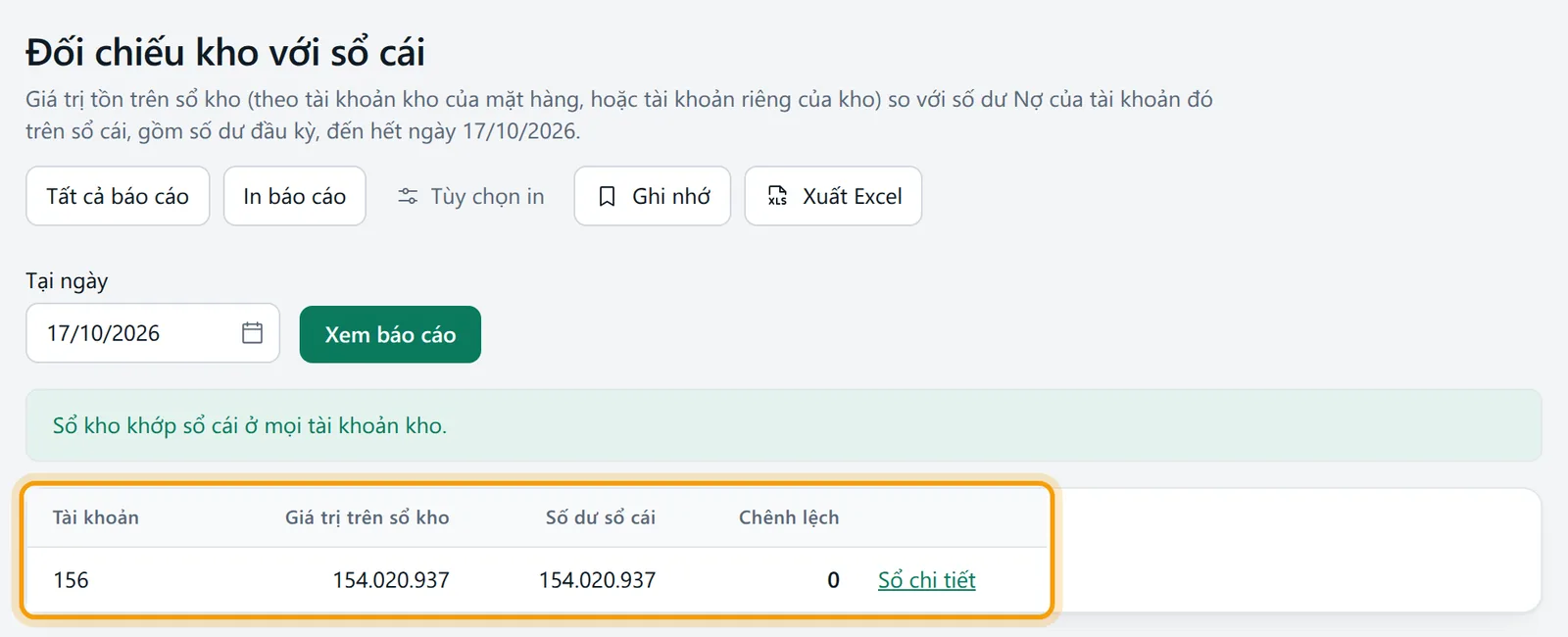 Màn Đối chiếu kho với sổ cái với bộ lọc và vùng kết quả được viền vàng